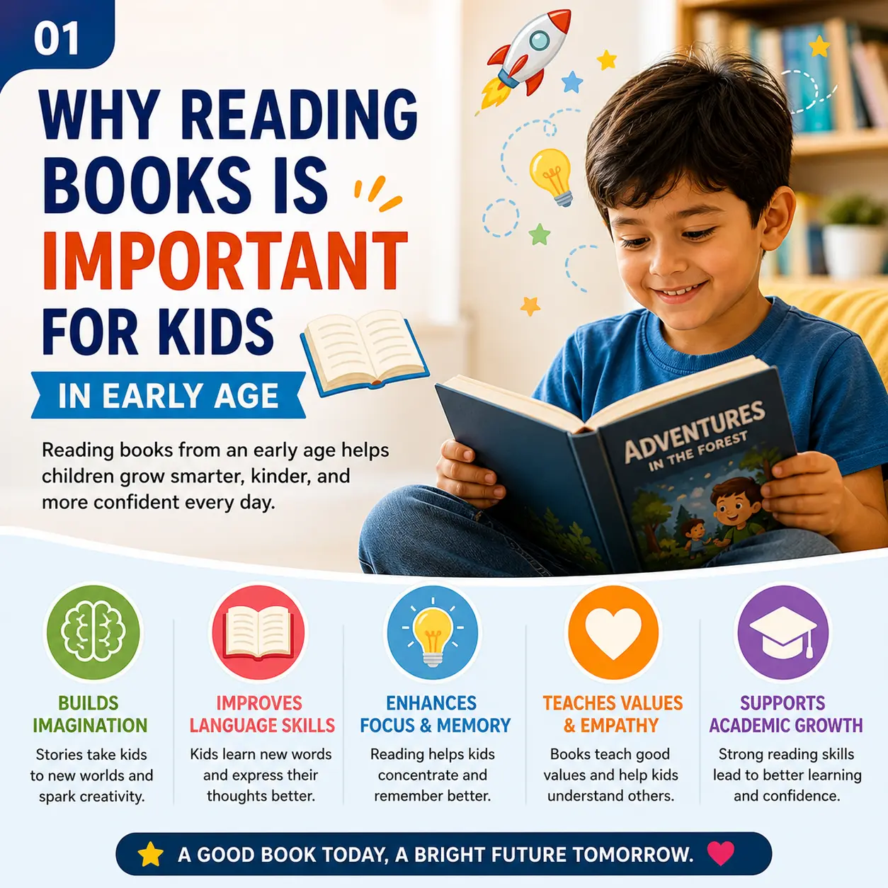 Infographic showing a smiling young boy reading a book titled "Adventures in the Forest," highlighting five key benefits of early childhood reading: builds imagination, improves language skills, enhances focus and memory, teaches values and empathy, and supports academic growth, with the tagline "A good book today, a bright future tomorrow