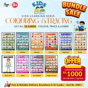 Kids Book Library Learning Series bundle sale advertisement featuring 10 colorful educational cards for children age 3+. Topics include Fruits, Vehicles, Flowers, Colours, Vegetables, Foods, Body Parts, Birds, Sea Animals, and Jungle Animals. Priced at 1000 RS with delivery in Sri Lanka.