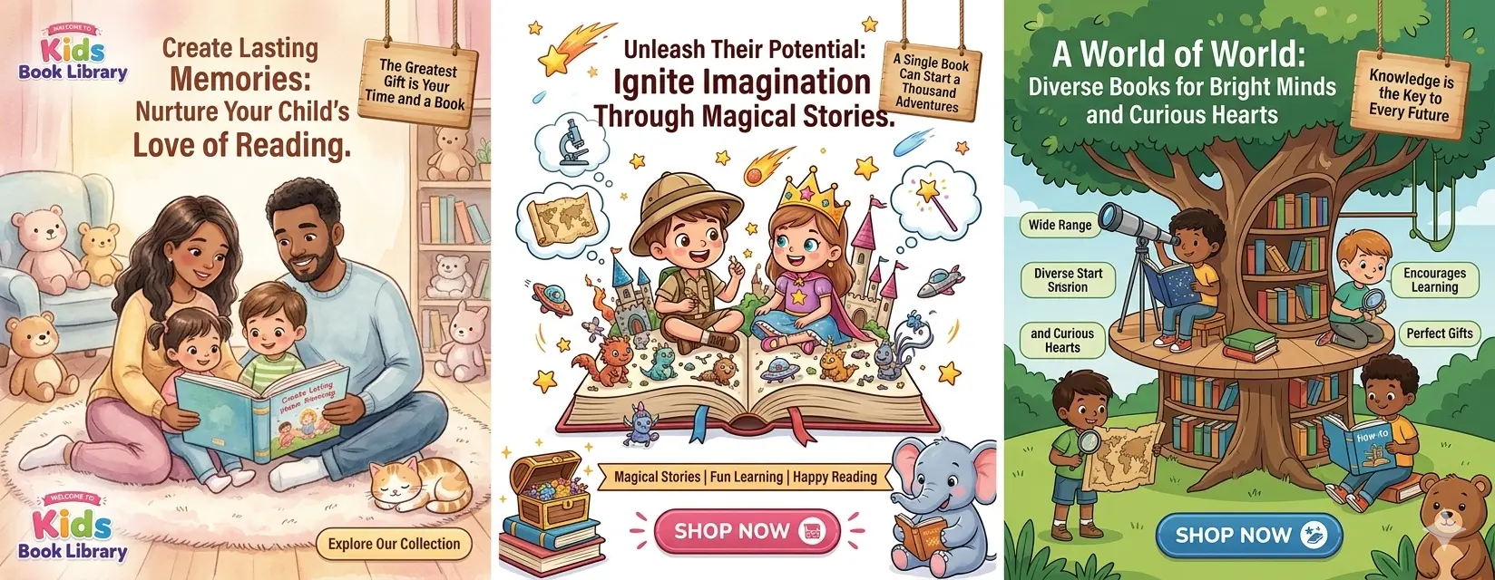 Three colorful illustrations promoting a kids' book library, showing families reading together, children in fantasy costumes with a giant pop-up book, and kids exploring a magical treehouse library.