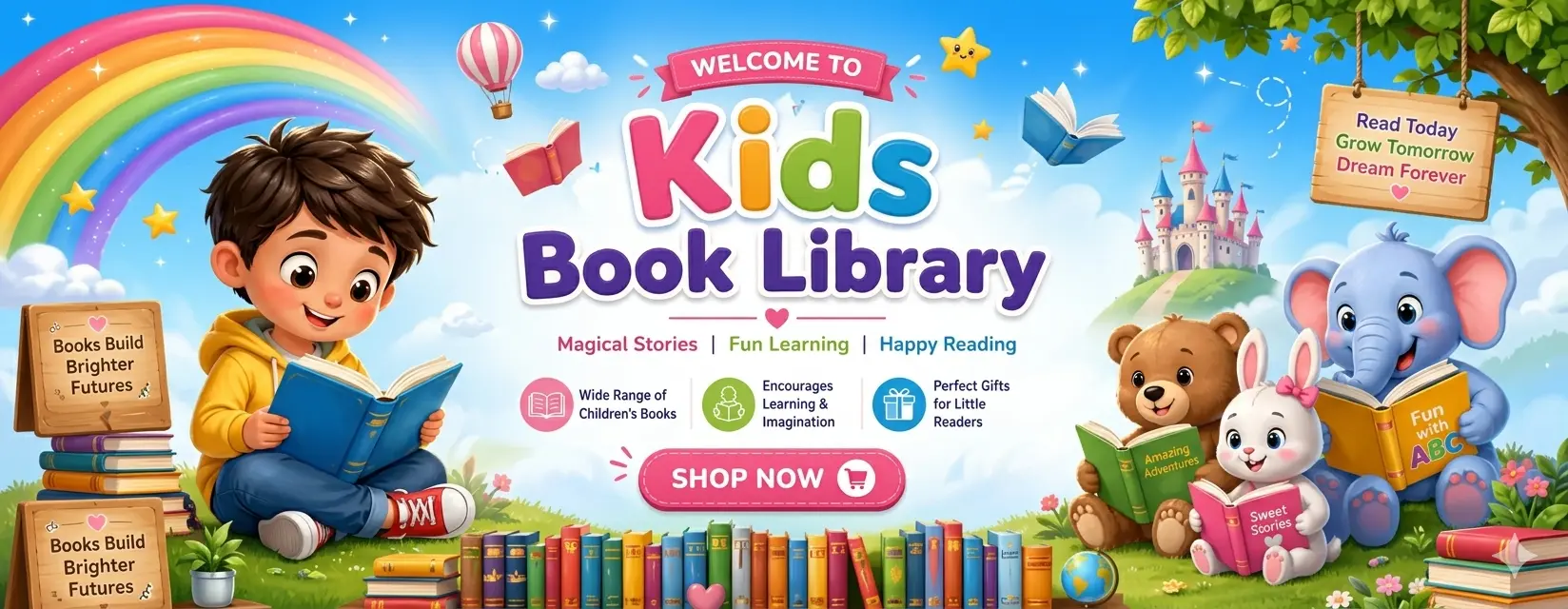 Colorful website banner for a Kids Book Library featuring a cartoon boy and animals reading under a rainbow with a Shop Now button.