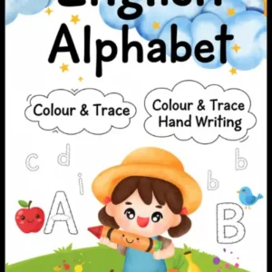 English Alphabet Colour and Trace Workbook for kids age 3 and up – colorful cover featuring a cartoon girl with fruits, uppercase and lowercase letter tracing and handwriting practice activity book