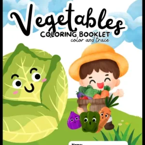 Vegetables Coloring Booklet for kids age 3 and up – colorful cover featuring a cartoon boy carrying a basket of fresh vegetables with kawaii cabbage, eggplant, bell pepper, and carrot characters on a green meadow, color and trace activity book for preschoolers
