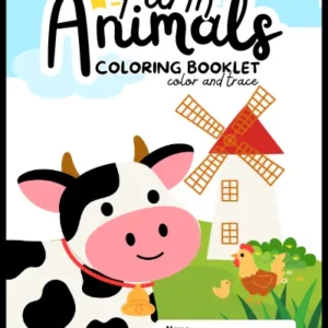 Farm Animals Coloring Booklet for kids age 3 and up – cheerful farm scene cover featuring a cute cartoon dairy cow with a bell, hen with chicks, red windmill, and sunny countryside background, color and trace activity book for preschoolers and toddlers