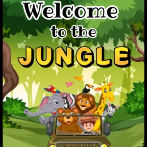 Welcome to the Jungle coloring booklet for kids age 3 and up – exciting safari cover featuring cartoon jungle animals including elephant, lion, giraffe, zebra, bear, macaw parrot, and toucan riding a jeep through a lush green jungle forest, activity book for preschoolers and toddlers