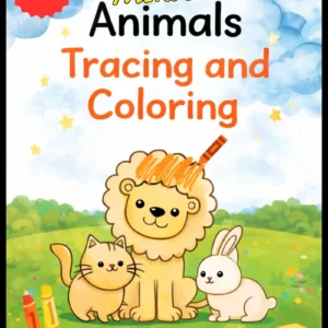 Numbers Animals Tracing and Coloring workbook for kids age 3 and up – Numbers Series cover featuring cute cartoon lion, cat, and rabbit on a green meadow with colorful numbers 1 2 3, crayons, ladybug, and alphabet block, number tracing and animal coloring activity book for preschoolers and toddlers