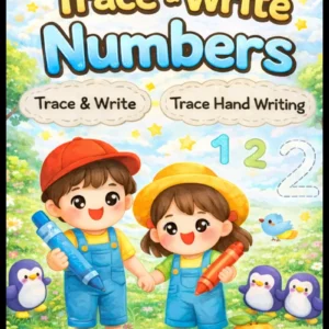 Trace and Write Numbers workbook for kids age 3 and up – colorful cover featuring two cute cartoon children holding crayons on a sunny meadow with rainbow, penguins, crab, number blocks, and colorful numbers 1 and 2, trace and write handwriting practice activity book for preschoolers and toddlers
