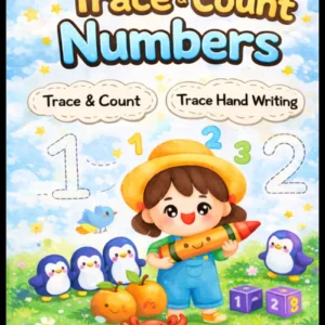 Trace and Count Numbers workbook for kids age 3 and up – bright rainbow cover featuring a cute cartoon girl holding a crayon with penguins, crab, fruits, number blocks, and colorful numbers 1 2 3, trace and count handwriting practice activity book for preschoolers and toddlers