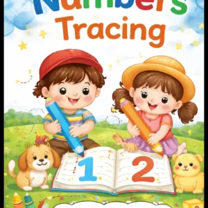 Numbers Tracing Learn and Trace Numbers workbook for kids age 3 and up – colorful cover featuring two cute cartoon children sitting on grass writing in a book with large numbers 1 and 2, accompanied by puppy dogs, crayons, and an alphabet block, early numeracy handwriting practice activity book for preschoolers and toddlers