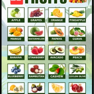 20 Fruits educational poster for kids – colorful visual chart showing real photos of 20 fruits including apple, grapes, orange, pineapple, mango, watermelon, papaya, guava, banana, strawberry, avocado, peach, blueberry, rambutan, cashew, Ceylon olive, passion fruit, mangosteen, jackfruit, and pomegranate, by Kids Book Library