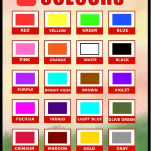 20 Colours educational poster for kids – colorful visual chart showing 20 solid color swatches with bold labels including red, yellow, green, blue, pink, orange, white, black, purple, bright aqua, brown, violet, fuchsia, indigo, light blue, olive green, crimson, maroon, gold, and gray, by Kids Book Library