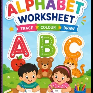 Alphabet Worksheet Trace Colour Draw activity book for kids age 3 and up – vibrant cover featuring two cartoon children writing at desks with large colorful letters A B C, teddy bear, cat, apple, pencils and books, Learn Trace Colour Draw Repeat early literacy workbook for preschoolers and toddlers