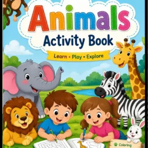 Animals Activity Book for kids age 5 and up – colorful jungle cover featuring two cartoon children drawing animals surrounded by lion, elephant, zebra, giraffe, monkey, rabbit, and blue bird, Learn Play Explore activity book with coloring puzzles dot to dot fun facts and more