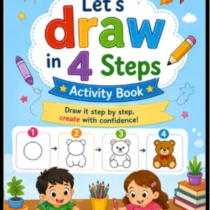 Let's Draw in 4 Steps Activity Book for kids age 5 and up – colorful cover featuring two cartoon children drawing at a desk with pencils and books, four-step teddy bear drawing demonstration showing circle to completed bear progression, rocket, sun, crayons and star decorations, Draw it step by step create with confidence early art and drawing skills book for children