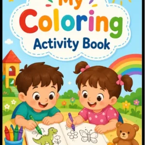My Coloring Activity Book for kids age 3 and up – cheerful cover featuring two cartoon children colouring dinosaur and butterfly drawings at a table with crayons, books, and a teddy bear, rainbow and sunny sky background, creative colouring activity book for preschoolers and toddlers