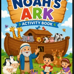 Noah's Ark Activity Book for kids age 3 and up – vibrant cover featuring cartoon Noah standing beside his wooden ark filled with animals including giraffe, elephant, cow, zebra, kangaroo, penguins, and sheep, with two children doing activities including maze and colouring, rainbow and dove overhead, activity icons showing color puzzles mazes find and search and more, Bible story themed activity book for preschoolers and toddlers