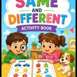 Same and Different Activity Book for kids age 3 and up – colorful cover featuring two cartoon children using a magnifying glass to compare same and different objects in an open book showing stars cars and flowers, with a puppy dog beside them, Observe Compare Learn activity book for preschoolers and toddlers with rainbow bunting and classroom background