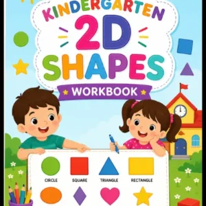 Kindergarten 2D Shapes Workbook for kids – colorful cover featuring two cartoon children holding a large shapes reference board showing circle, square, triangle, rectangle, oval, diamond, heart, and star with color samples, school building background with pencils and 3D shape blocks, early geometry and shape recognition workbook for preschoolers and kindergarteners