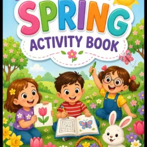 Spring Activity Book for kids age 3 and up – colorful spring meadow cover featuring three cartoon children doing puzzles colouring and drawing activities with butterflies tulips flowers and a white bunny with Easter basket, sunny sky background, Puzzles Colouring and Fun Activities spring themed workbook for preschoolers and toddlers