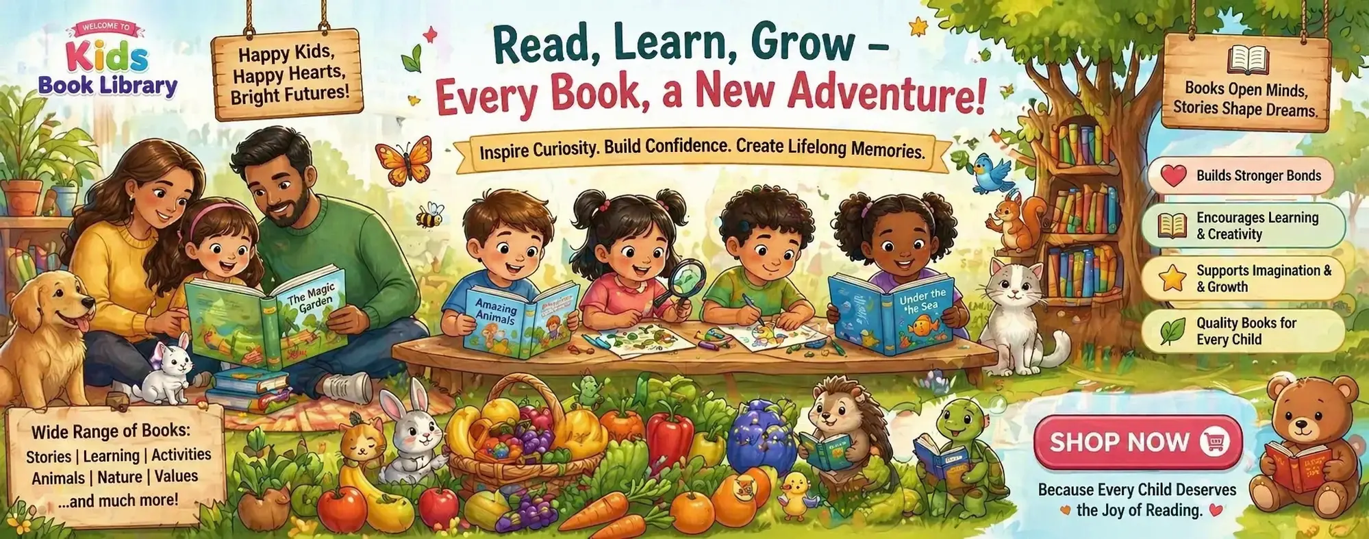 Colorful kids book library banner featuring children reading, animal characters, fruits and vegetables, and playful learning activities, designed to attract parents and inspire early childhood reading, creativity, and education