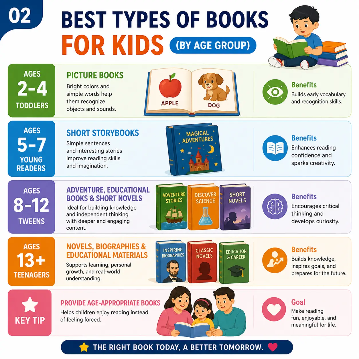 Best types of books for kids by age group infographic showing recommended reading for toddlers (2–4), young readers (5–7), tweens (8–12), and teenagers (13+), including picture books, short stories, adventure books, novels, and educational materials to support child development, reading skills, and learning growth
