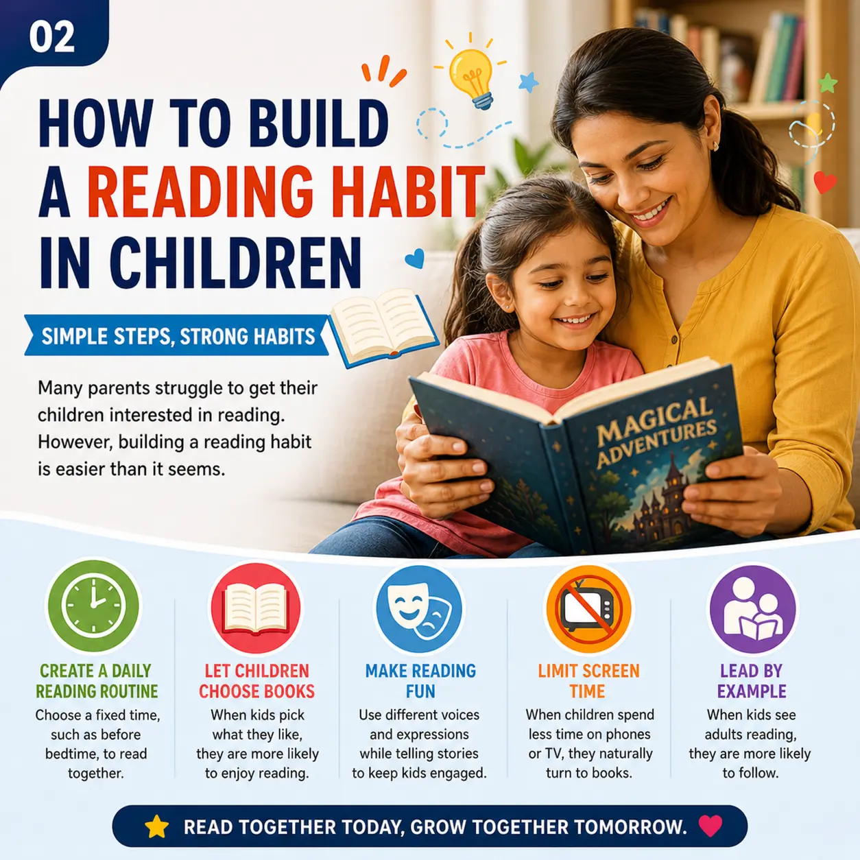 Infographic featuring a smiling mother and young daughter reading "Magical Adventures" together on a sofa, outlining five practical tips to encourage children's reading habits: create a daily reading routine, let children choose books, make reading fun, limit screen time, and lead by example, with the tagline "Read together today, grow together tomorrow. build