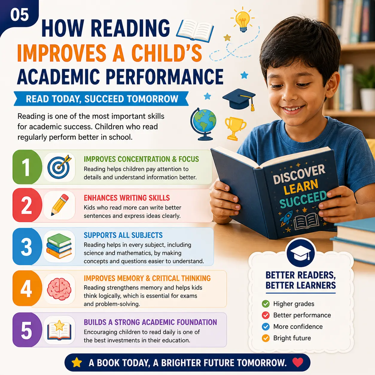 Infographic featuring a smiling young child reading a book titled "Discover Learn Succeed" at a desk, presenting five ways reading boosts a child's academic performance: improves concentration and focus, enhances writing skills, supports all subjects, improves memory and critical thinking, and builds a strong academic foundation, along with child benefits including higher grades, better performance, more confidence, and a bright future, with the tagline "A book today, a brighter future tomorrow