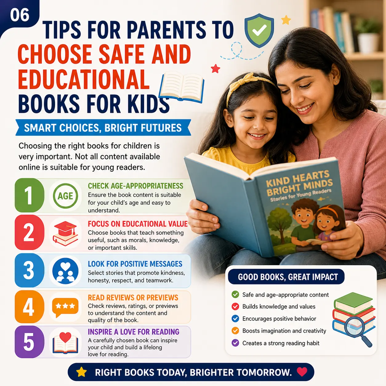 Infographic showing a caring mother and young daughter reading a book titled "Kind Hearts Bright Minds – Stories for Young Readers" together, providing parents with five essential tips for selecting safe and educational children's books: check age-appropriateness, focus on educational value, look for positive messages, read reviews or previews, and inspire a love for reading, highlighting that good books offer safe content, build knowledge and values, encourage positive behavior, boost imagination, and create strong reading habits, with the tagline "Right books today, brighter tomorrow.